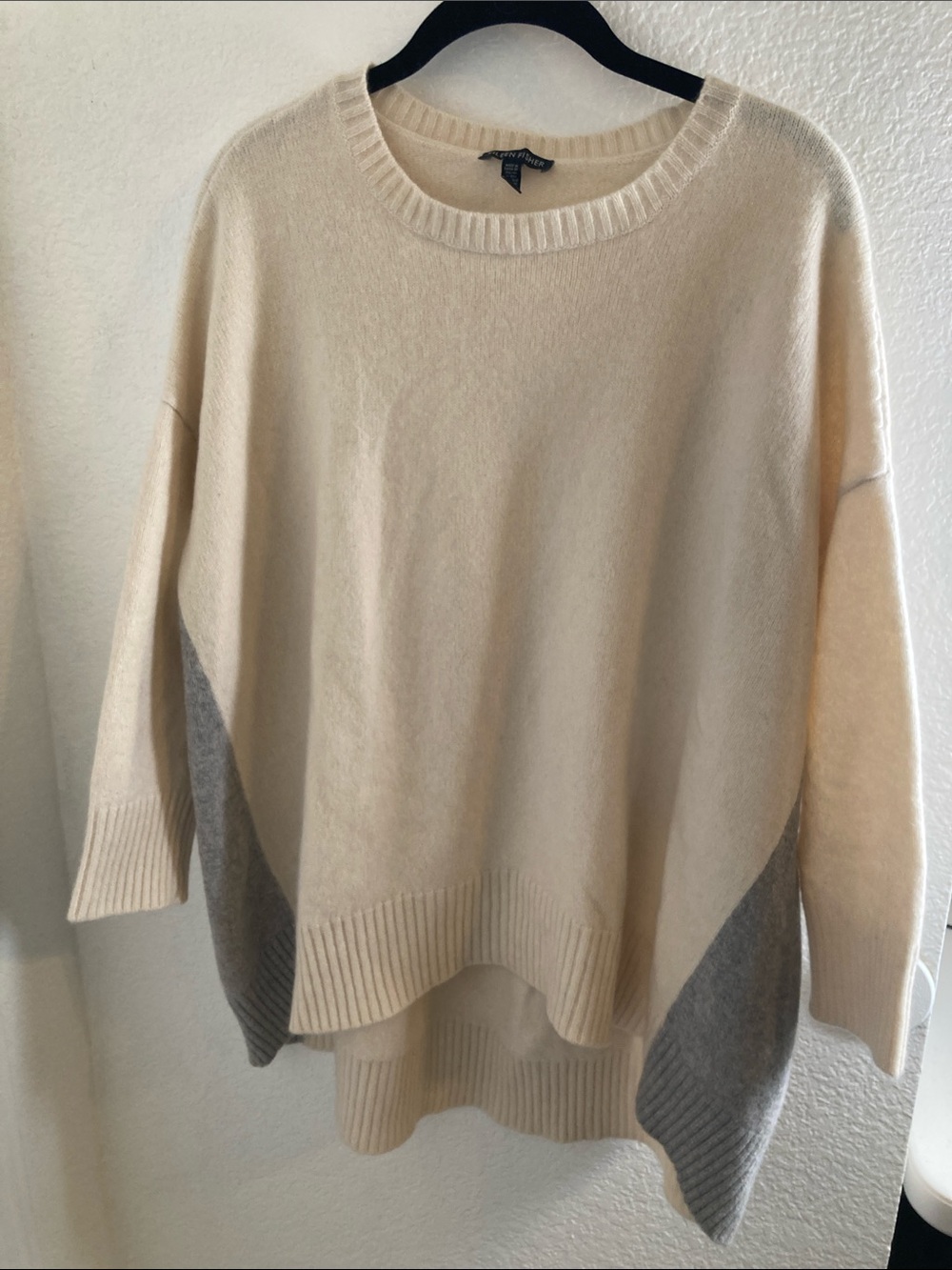 Eileen Fisher Cream Gray Colorblock Cashmere Wool Blend Relaxed Fit Sweater L/XL
